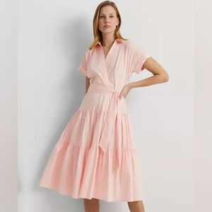 Ralph Lauren Pink Belted Cotton-Blend Tiered Dress | Size 8